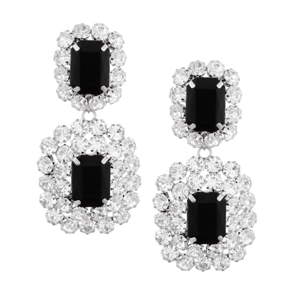 Vintage Crystal Drop Square Earrings, Black & Clear Rhinestone Statement Dangle
